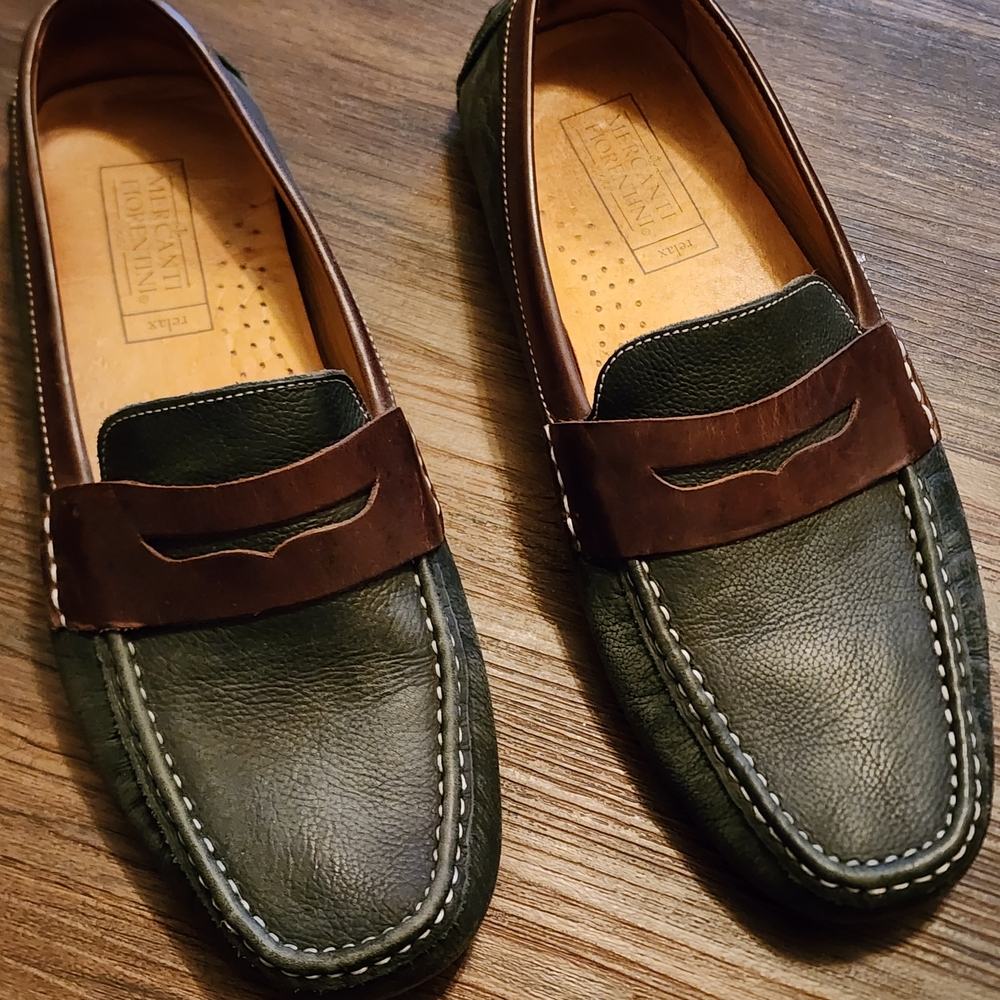 Mercanti Fiorentini Olive Green and Brown Leather Penny Loafers